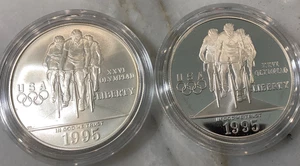 2 silver Dollar coins 1995 P D Olympic Atlanta Proof & Reg Cycle commemorative - Picture 1 of 2