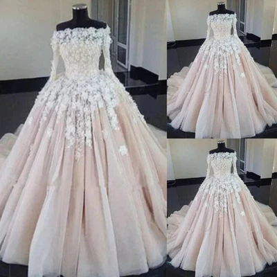 Vestidos de novia rosa rubor princesa encaje mangas largas línea A vestidos de baile de novia Foto 1 de 4