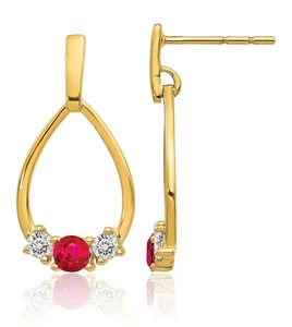 10K Solid Yellow Gold Ruby White Sapphire Dangle Earrings - Picture 1 of 11