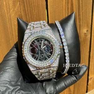 Mens Silver Plated Skeleton Dial Simulated Diamond Metal Iced Band Watch Tennis - Picture 1 of 18