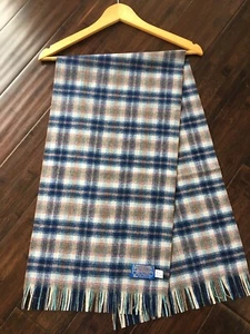 Vintage Pendleton Blue Tan White Plaid 100% Virgin Wool Fringe Scarf Winter EUC - Picture 1 of 8