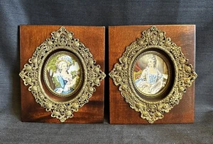 2 pinturas en miniatura francesas antiguas firmadas pintadas a mano con marco de bronce dorado-58e - Imagen 1 de 15