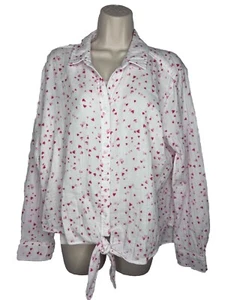 Beach Lunch Lounge Heart Button Down Collared Long Sleeve Tie Front Blouse Sz L - Picture 1 of 10