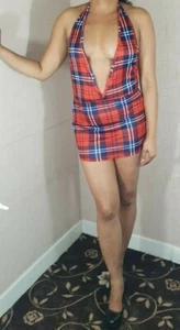 Damen rot Tartan Micro Minikleid rückenlos ärmellose Passform kurze Clubkleider - Bild 1 von 10