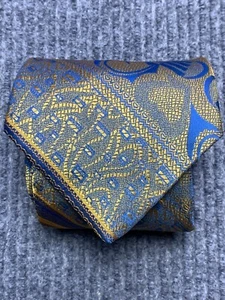 Enchino Ropa de Cuello Fino Corbata de Seda Dorado Azul Geométrico Abstracto Azteca De Colección Carrera - Imagen 1 de 9