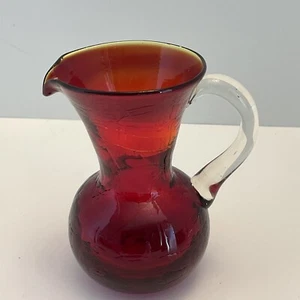 VINTAGE CREAMER OR PITCHER RED AMBERINA SMALL CRACKLE GLASS 3. 75” - Picture 1 of 6