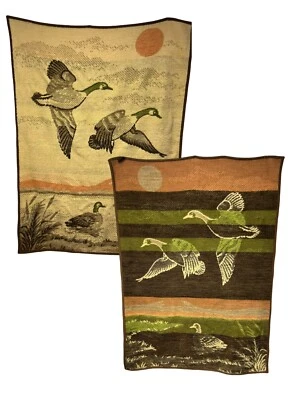 Vintage IBENA Flying Ducks Geese Reversible Tan Brown Blanket Throw Greece 53x73 - Image 1 of 4