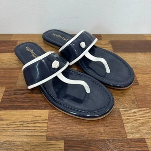 J Mclaughlin Leslie Sandal 8.5 Navy Patent Leather Thong Summer Nautical Strap - Picture 1 of 12