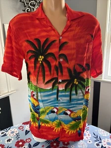 Vintage 90s Men's Button Up Hawaiian Shirt XL Red w/ Parrots 40" Chest - Picture 1 of 9