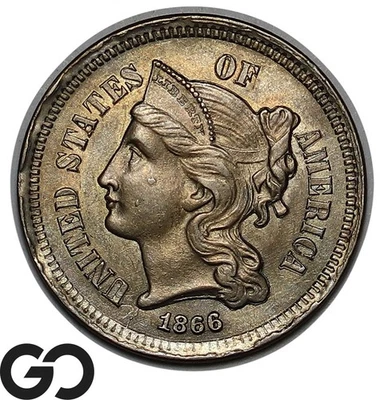 1866 Three Cent Nickel, , Lustrous Gem BU++, Great Strike - Image 1 of 3