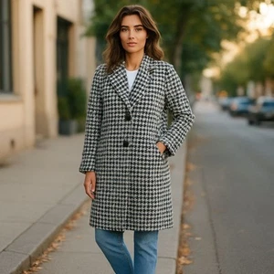Max Studio Black White L Houndstooth Fluffy Long Trench Style Sweater Coat Soft - Picture 1 of 11