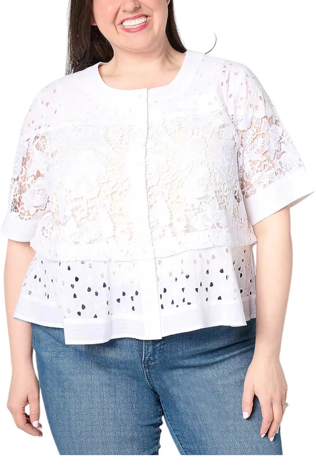 Topper columpio de encaje blanco Dennis Basso de medios mixtos para mujer Foto 1 de 1