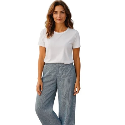 J. Jill любовь льняной укороченный широкие ноги брюки средний синий белый Seersucker в полоску - Изображение 1 из 4