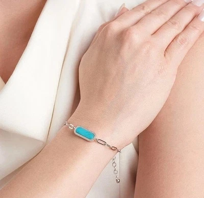 Sterling Silver Bracelet Turquoise CZ Charles Garnier Paperclip Chain - Image 1 of 4