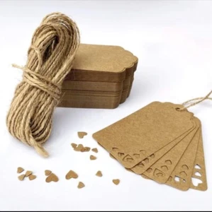 100 - Kraft Brown Paper Blank Cut-Out Hearts Large Garment Hang Tags w/ Twine - Picture 1 of 3