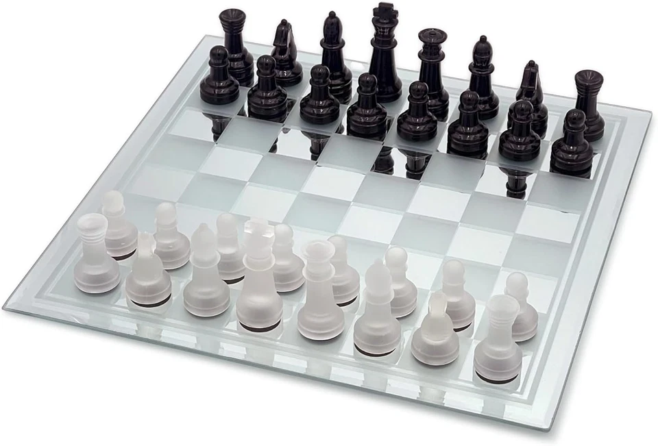 Black Frosted Glass Chess Set With Mirror Board 15x15 by Wood Expressions