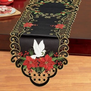 Runner da tavolo in poliestere con poinsettia e tortora ricamato e tagliato - Foto 1 di 1