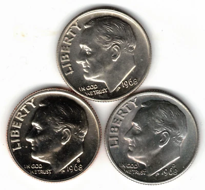 1968 P, D AND S Clad ROOSEVELT DIMES IN BU CONDITION ( 68 S IS PROOF )  stk 1 - Image 1 of 4
