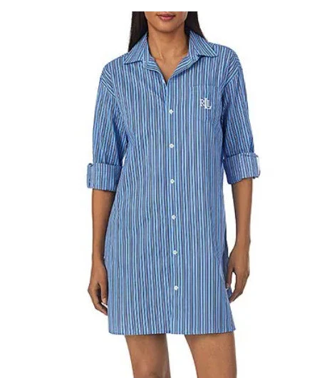 NWT Lauren Ralph Lauren S Blue White Stripe Cotton Pullover Night Gown Sleep Shi - Image 1 of 4