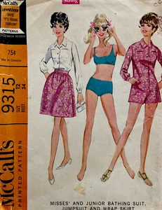 60s Vtg McCalls Pattern #9315 Bathing Suit Jumpsuit Wrap Skirt COMPLETE Sz 12 - Picture 1 of 4