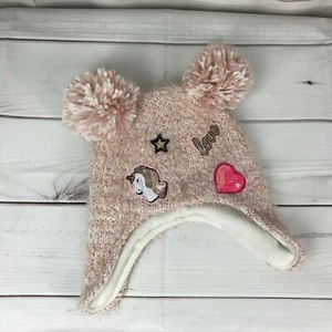 The Childrens Place Hat Toddler Girl 4T 5T Pink Knit Pom Pom Sequin Fleece Lined - Picture 1 of 6