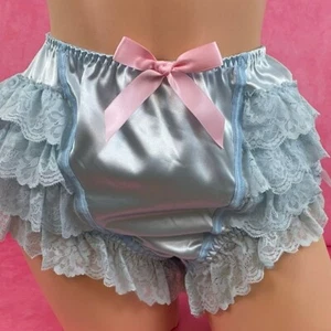 Coquette Panties Baby Blue Silky Ruffle Shiny Sissy Knickers Glam Women's XL - Picture 1 of 3