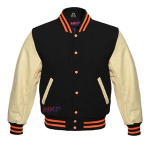 Varsity Bomber Letterman Black & Cream Leather Sleeves Orange Trims Jacket - Picture 1 of 2