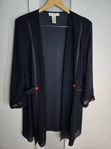 Cardigan Anna Maxwell blu navy trasparente aperto davanti 18W rosso punto dettaglio bottoni - Foto 1 di 10