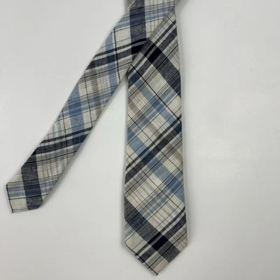 THE TIE BAR Tie 100% Linen Men's Slim Necktie Blue Plaid Hand Made 2.5"X64" XL - Image 1 of 4