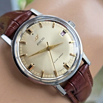 Vintage ENICAR Ocean Pearl men's manual wind watch Date 140-39-05 swiss 1960s - Image 1 of 4