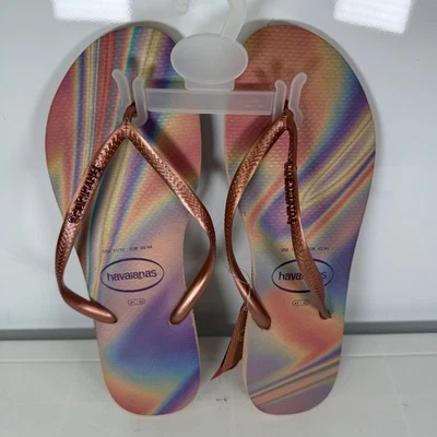 Havaianas Women's Flip Flops Rose Gold Rainbow Print Thong Sandals Size 11 12 - Image 1 of 4
