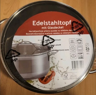 Edelstahl Kochtopf mit Glasdeckel Topf 24cm 6L - Bild 1 von 3