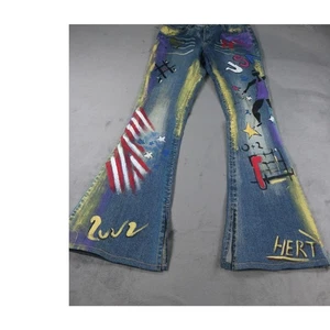  Blue Denim Flare Hand Painted Graffiti USA Stars Art Womens 26  C Fline Jeans  - Picture 1 of 22