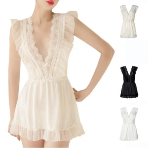 Women Silky Lace Ruffle Nightdress Sleepwear Sleeveless V Neck Short Dress - Picture 1 of 15