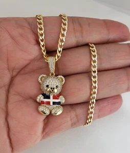 925 Sterling Silber CZ Dominikanische Republik flacher Bär Anhänger Halskette - Bild 1 von 1