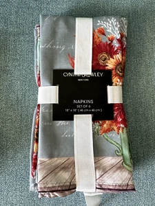 CYNTHIA ROWLEY Fall mums on lt. grey blue DINNER NAPKINS set (6) 18 X 18 New - Picture 1 of 1