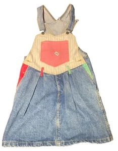 Vintage Guess Denim Overalls Bib Skirt Rare Pink Green Pockets WM XS Or Youth 14 - Picture 1 of 19