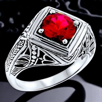 ФИЛИГРАННОЕ КОЛЬЦО В СТИЛЕ АРТ-ДЕКО ИЗ СТЕРЛИНГОВОГО СЕРЕБРА 925 ПРОБЫ 1,5 КАРАТА С СОЗДАННЫМ В ЛАБОРАТОРИИ РУБИНОМ #1058 - Изображение 1 из 4