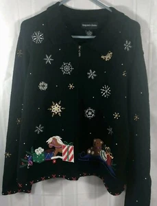 Hampshire Studio Black Womens Sz M Long Sleeve Santa Christmas Zipper Cardigan  - Picture 1 of 5