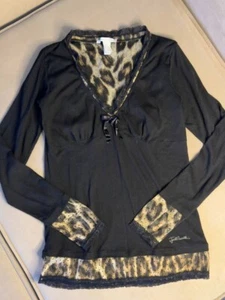 Just Cavalli Women’s Black Lace Blouse Top M Stretchy, Leopard Print, Sexy Y2K - Picture 1 of 18