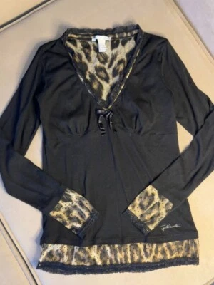 Just Cavalli Women’s Black Lace Blouse Top M Stretchy, Leopard Print, Sexy Y2K - Image 1 of 4