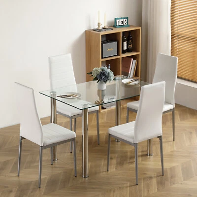 110CM Clear Color Dining Table Set 1 Tempered Glass Dining Table 4 Chairs - Image 1 of 4