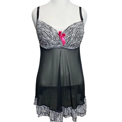 Lingerie Torrid Babydoll Chemise 1X preta branca malha zebra com aro rosa arco - Imagem 1 de 4