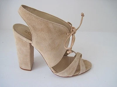 Schutz Beige Suede Lace Up High Block Heel Single Sole Sandal Size 6.5B, NEW! - Image 1 of 4