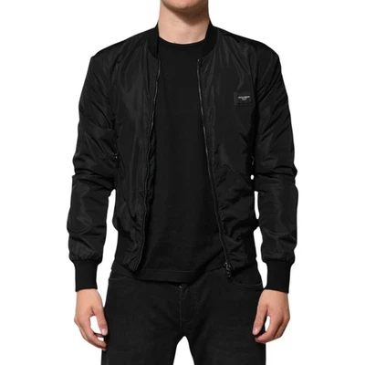 DOLCE & GABBANA 夹克黑色尼龙标志牌男式轰炸机 IT44/US34/XS 1120usd — 第 1/4 张图片