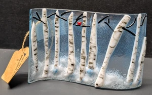 Emily Ohland Studio Fused Glass Winter Birch Forest Scene with Cardinal 3"x 5" - Picture 1 of 4