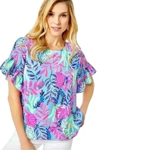 Lilly Pulitzer Darlah Top Womens Size M Pink Blue Ruffles Resortwear Colorful - Picture 1 of 14