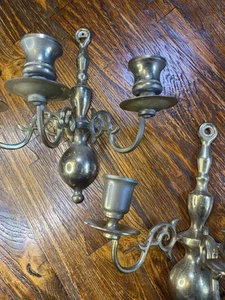 Vintage massiv Messing Paar Kerzenständer Halter Wandleuchter 3 Tassen Patina - Bild 1 von 12