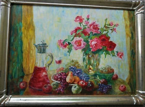 Rote Rosen Roter Wein Ölbild G. VOGT von KIRN um 1920 Traum für ROTWEINLIEBHABER - Bild 1 von 12