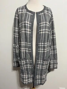 French Connection Open Tunic Cardigan Sweater Gray White & Pink Plaid Size L - Picture 1 of 17